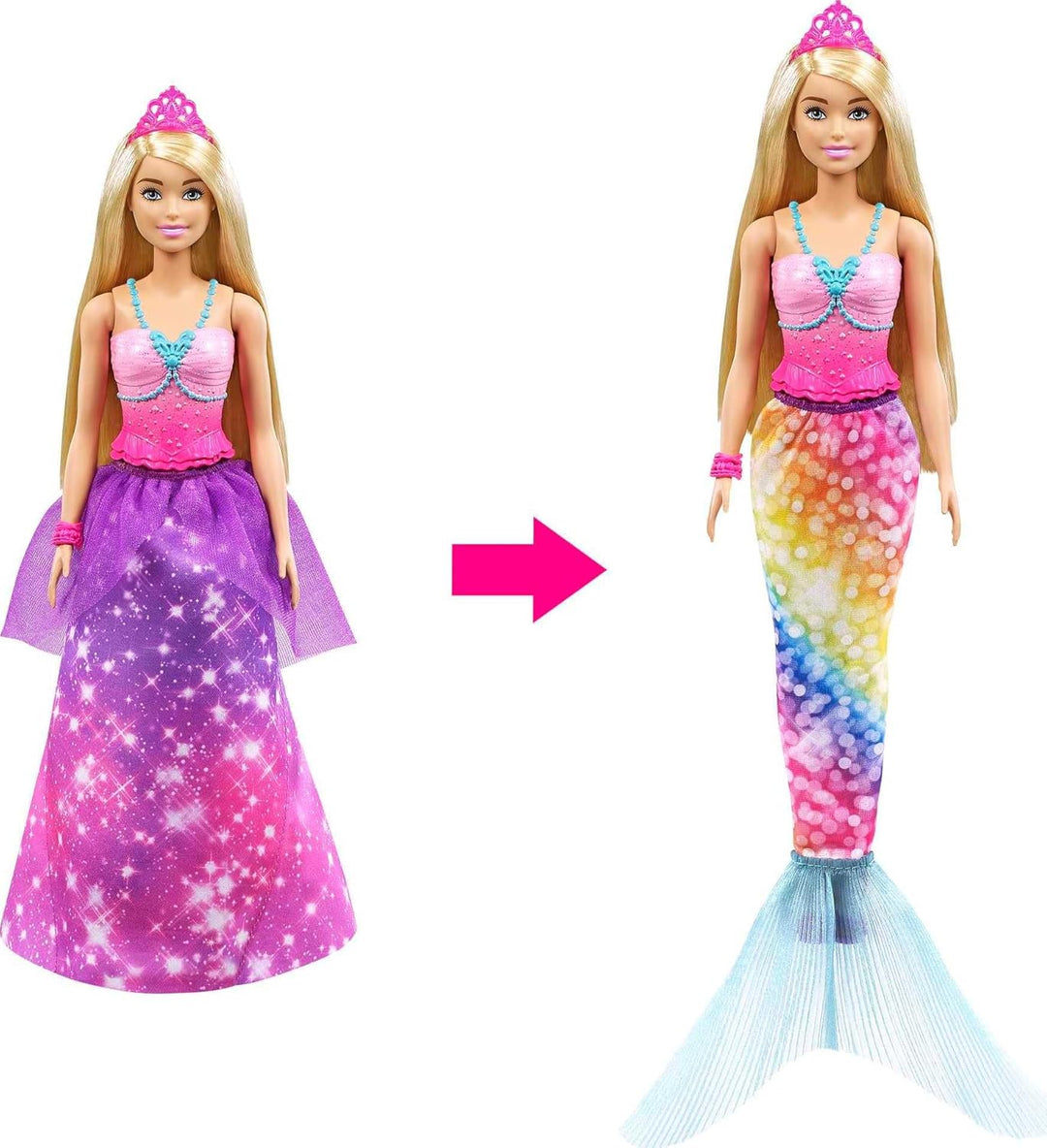 Barbie Dreamtopia 2 en 1 de Realeza a Sirena. Muñeca Fashion Transf...