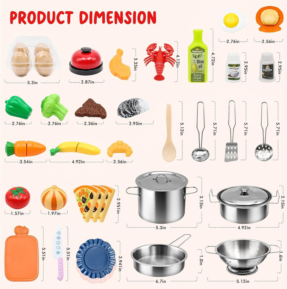 Hohosunlar - Juego de accesorios de cocina de simulación para niños, 38 piezas de juegos de ollas y sartenes de acero inoxidable para niños, utensilios de cocina de juguete, alimentos de simulación