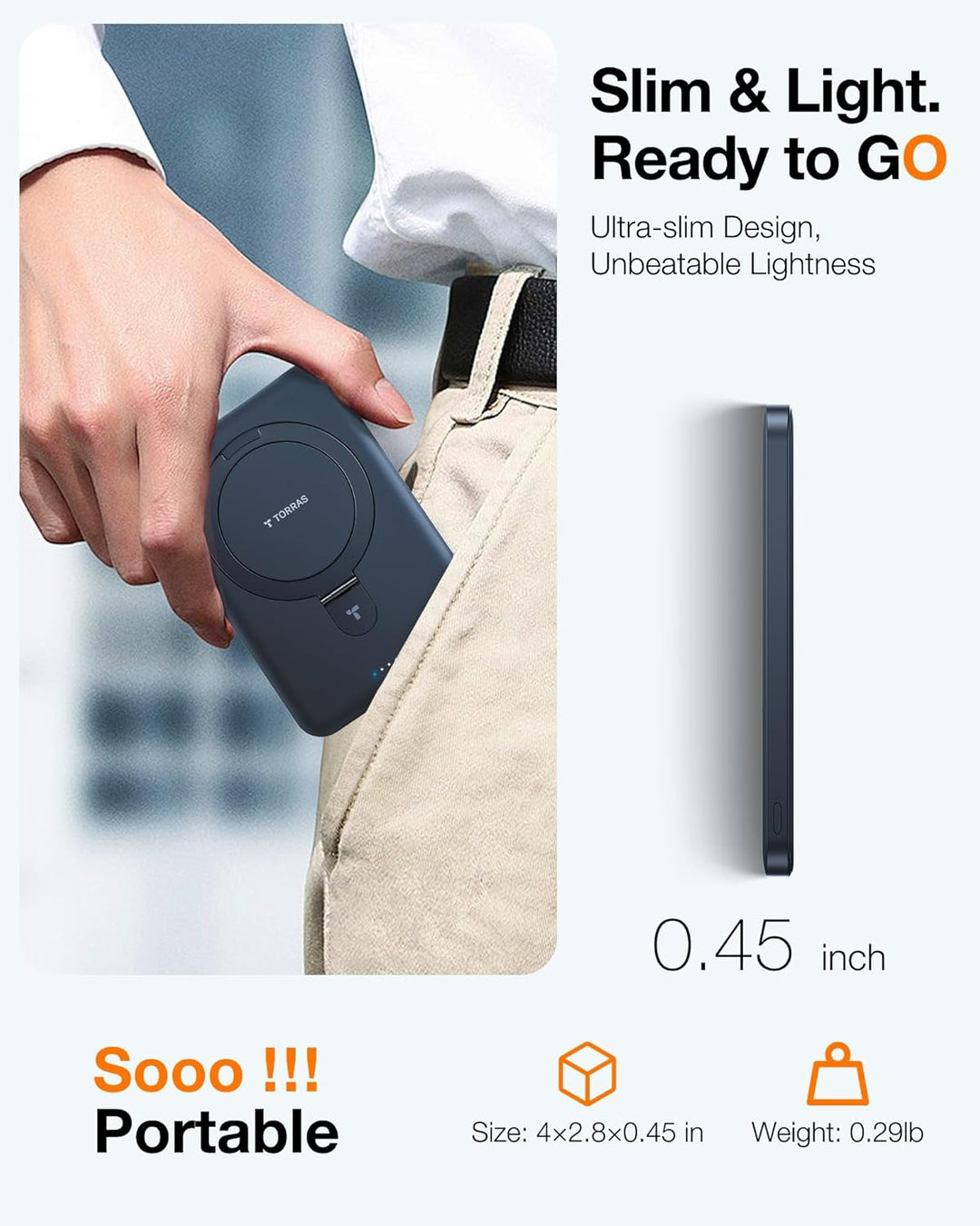 TORRAS EasyGo - Cargador portátil magnético delgado de 0.45 pulgada...
