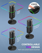 CMTECK Micrófono USB para PC, PS4/PS5, portátil, micrófono de computadora con iluminación RGB, botón de silencio, ganancia de micrófono, Plug & Play, 3 modos de sonido para transmisión, podcasting, grabación