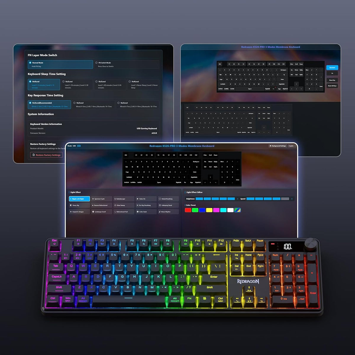 Redragon K526 PRO Teclado inalámbrico RGB para juegos, pantalla LED...