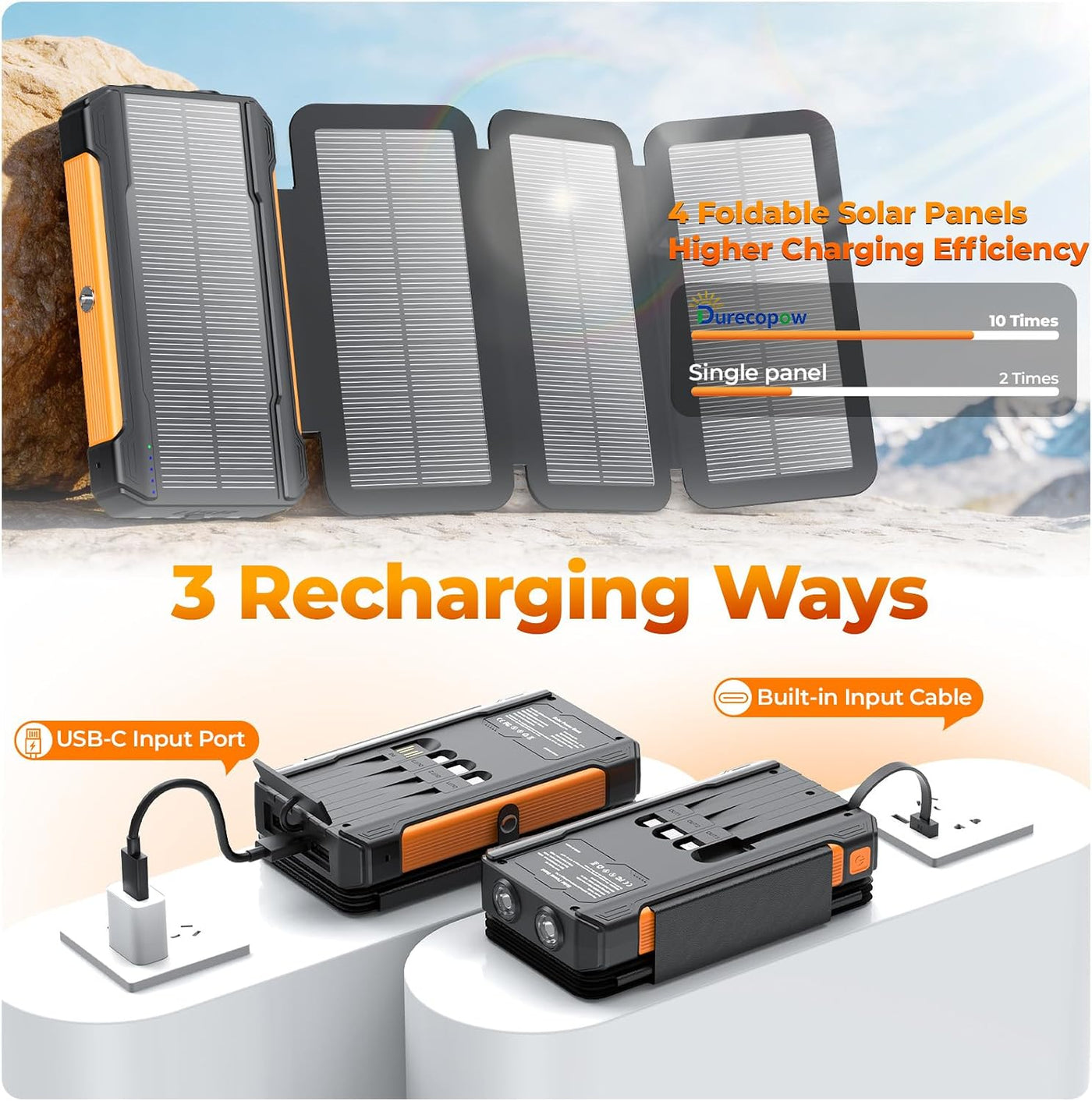 Cargador solar de 20000 mAh, cargador portátil integrado con 4 cabl...