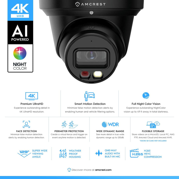 Amcrest 4K Night Color AI Turret IP PoE Cámara 49 pies Visión Noctu...