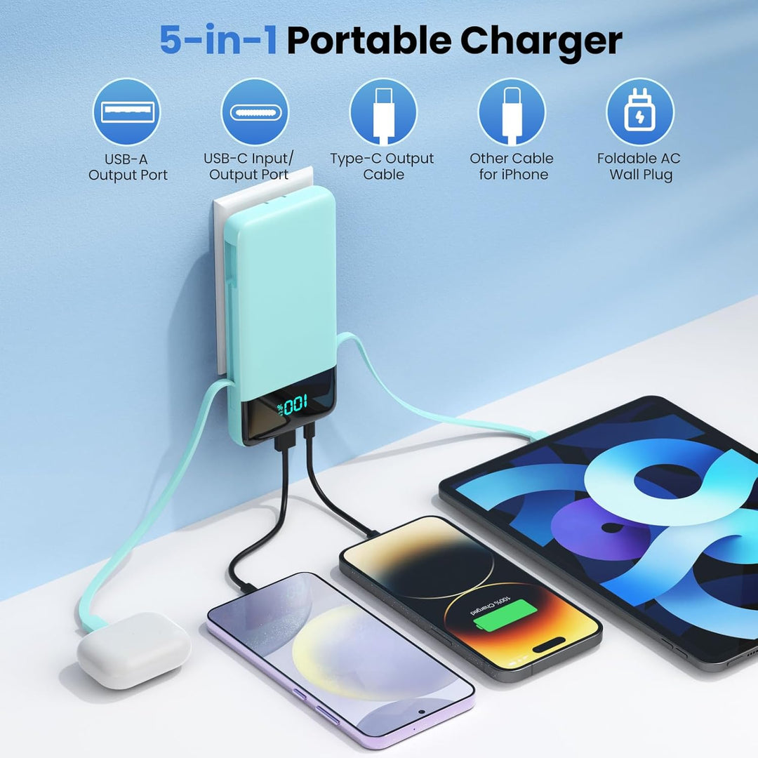 Cargador portátil para iPhone, batería delgada de 13800 mAh con cab...