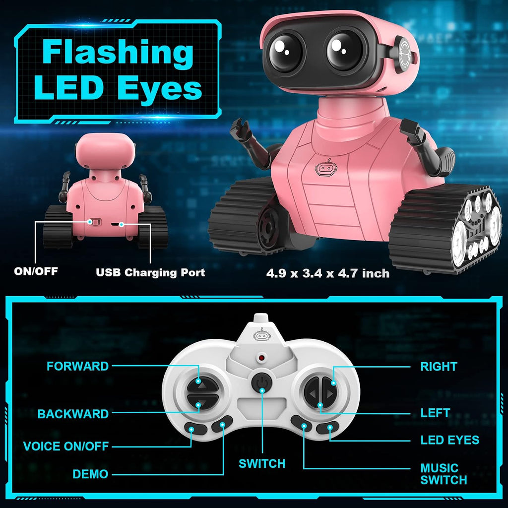 Hamourd Juguetes robot para niñas, robots recargables de control remoto, robot de juguete con demostración automática, cabeza y brazos flexibles, movimientos de baile, música y ojos LED brillantes