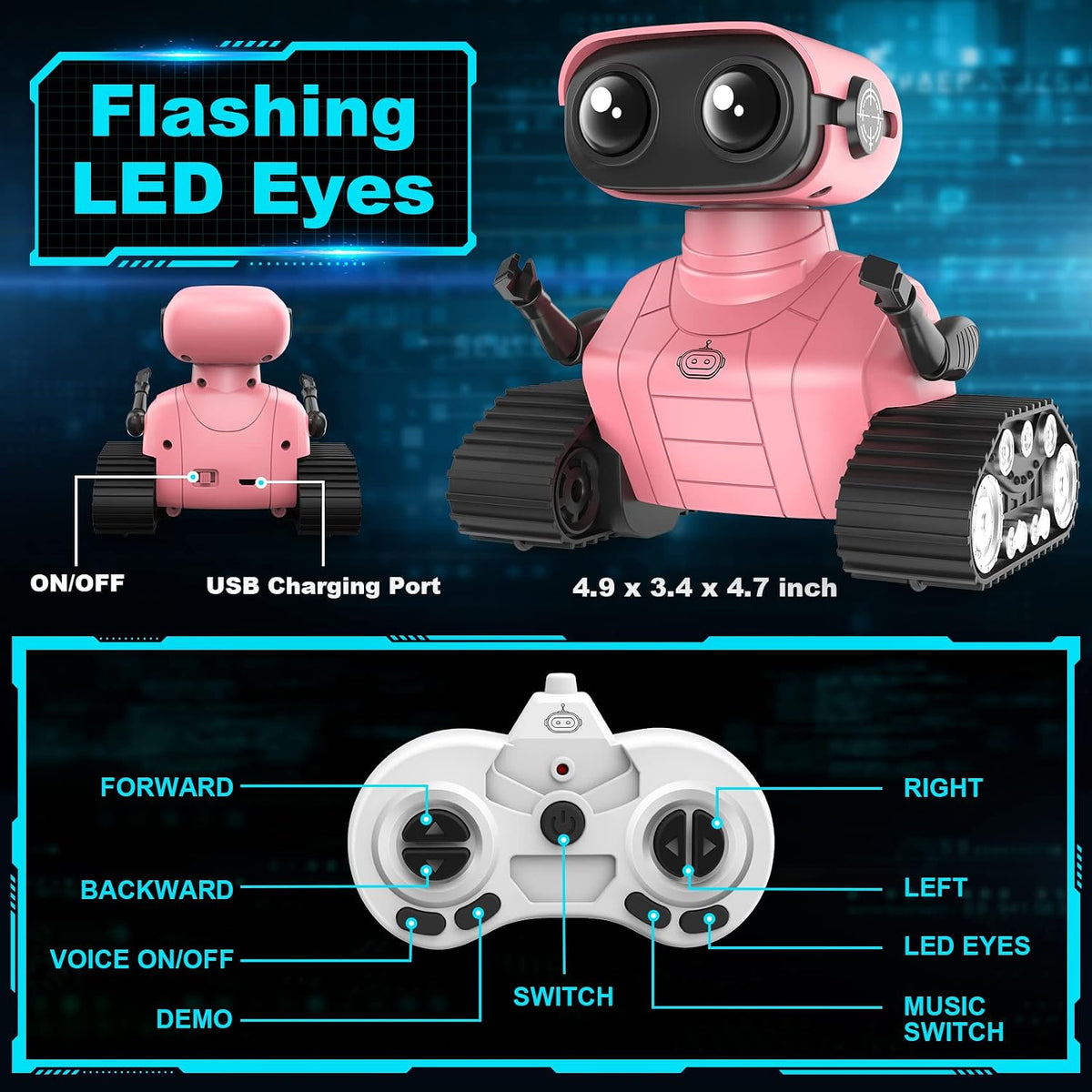 Hamourd Juguetes robot para niñas, robots recargables de control remoto, robot de juguete con demostración automática, cabeza y brazos flexibles, movimientos de baile, música y ojos LED brillantes