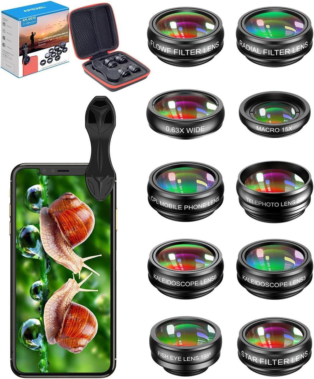 MIAO LAB Kit de lentes para cámara de teléfono 10 en 1, lente gran angular y macro+lente ojo de pez+lente teleobjetivo+filtro CPL/flujo/radial/estrella+lente caleidoscopio 3/6 para iPhone, Samsung