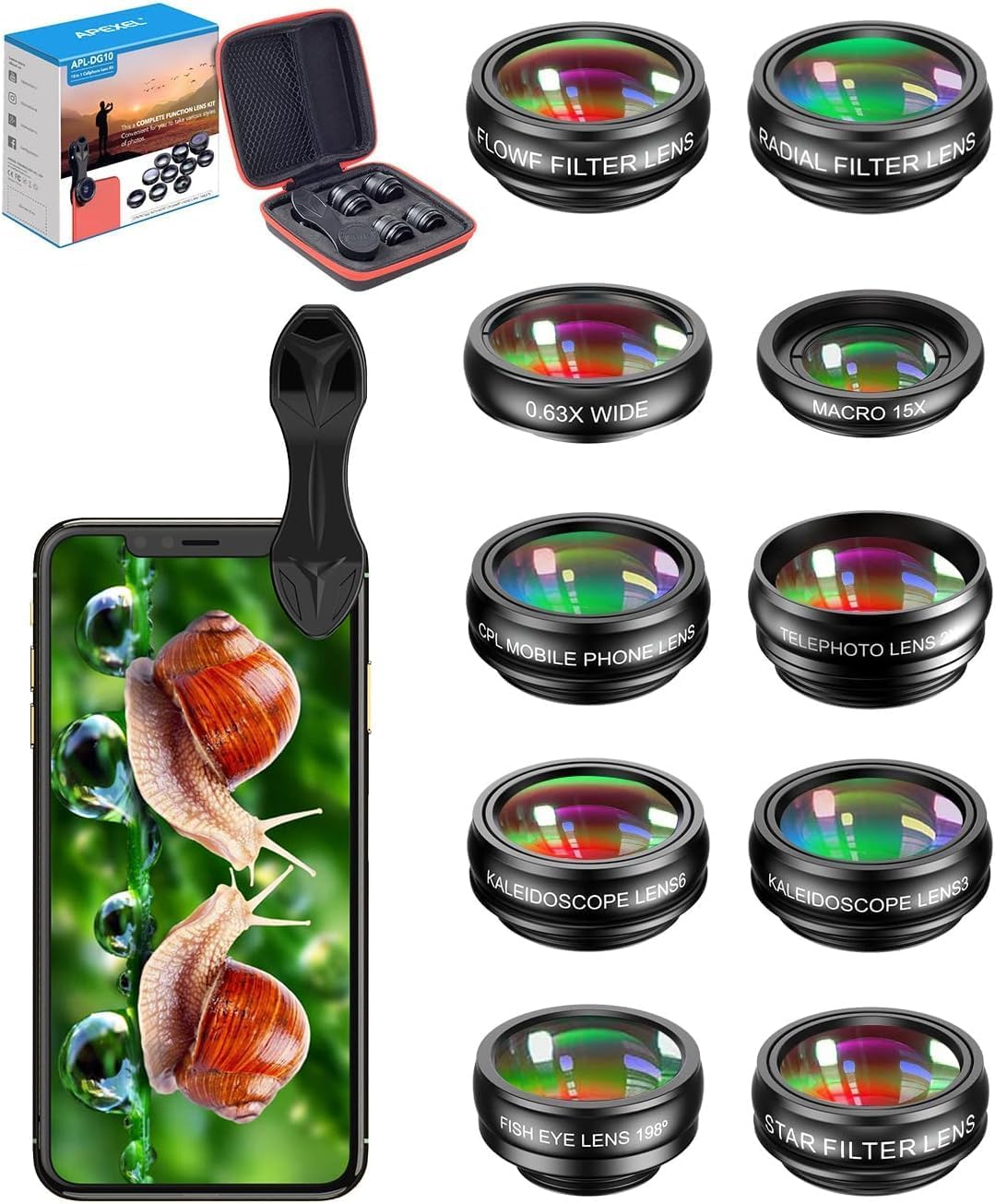 MIAO LAB Kit de lentes para cámara de teléfono 10 en 1, lente gran angular y macro+lente ojo de pez+lente teleobjetivo+filtro CPL/flujo/radial/estrella+lente caleidoscopio 3/6 para iPhone, Samsung