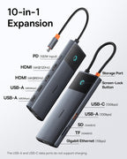 Baseus Estación de acoplamiento con monitor doble, estación de acoplamiento 10 Gbps 10 en 1 con 2 HDMI individual 4K @120Hz, dual 4K @ 60Hz, 10Gbps USB C y USB A, Gigabit Ethernet, PD 100W, SD/TF para