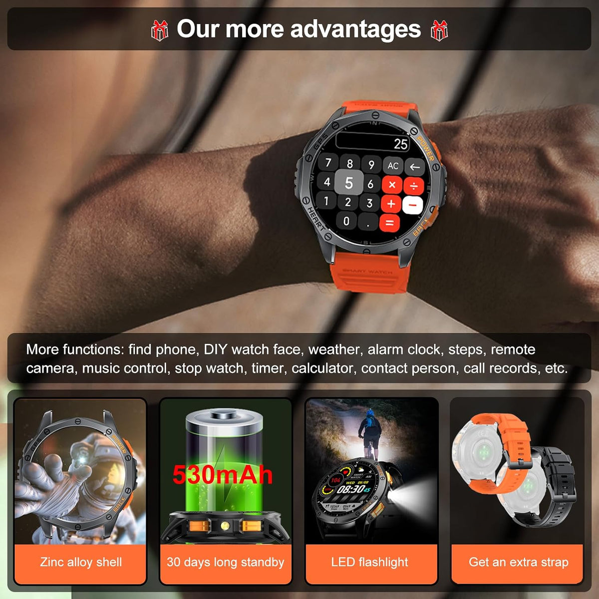 Relojes inteligentes militares con GPS integrado, más de 170 modos deportivos para hombres con linterna, reloj inteligente para teléfonos Android y iPhone, pantalla AMOLED de 1.43 pulgadas, altímetro