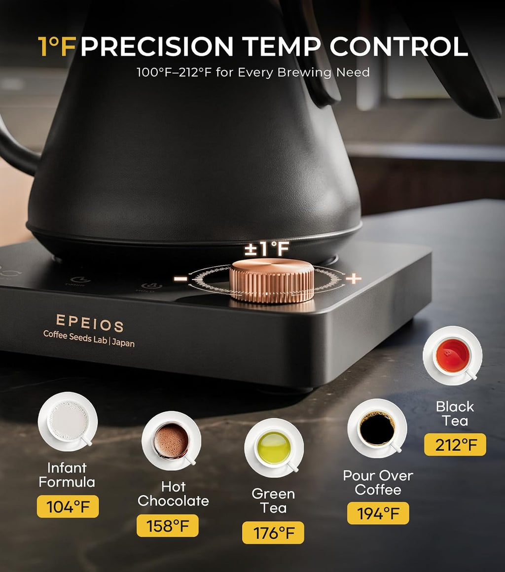 Epeios Hervidor de gooseneck eléctrico con control de temperatura, 1200W, 0.9L, Rosa Nogal
