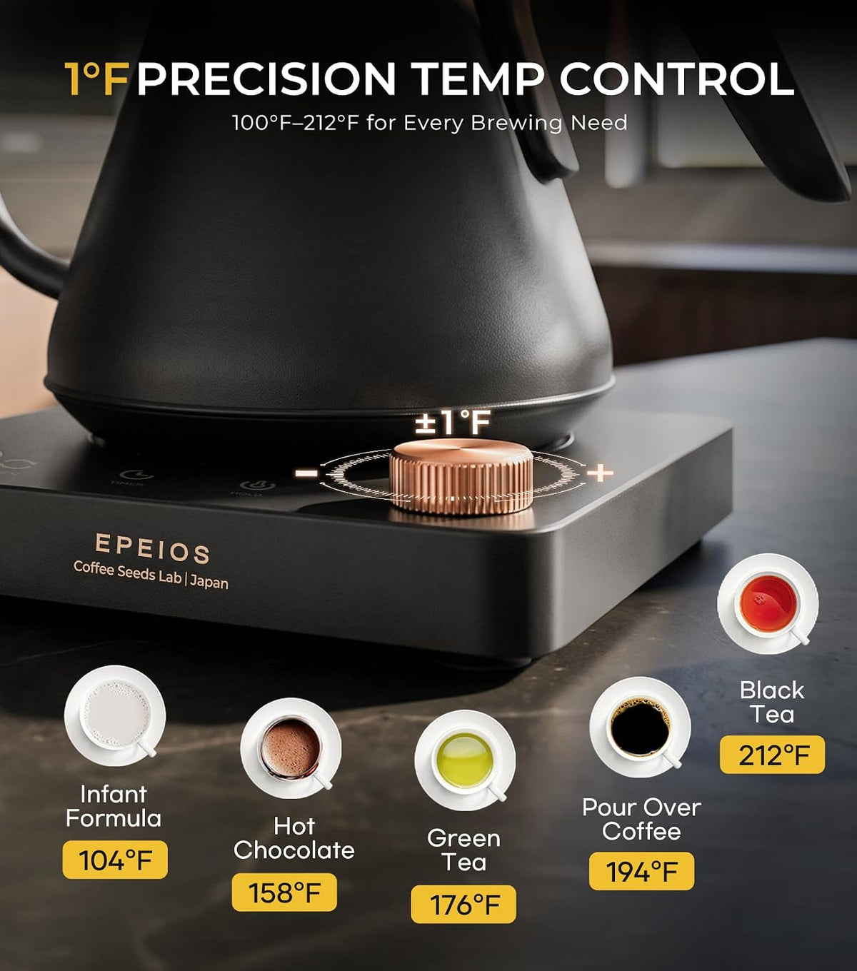 Epeios Hervidor de gooseneck eléctrico con control de temperatura, 1200W, 0.9L, Rosa Nogal