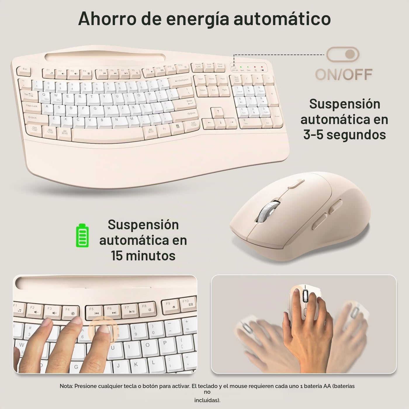 Combo de teclado y mouse inalámbricos, teclas onduladas de tamaño c...