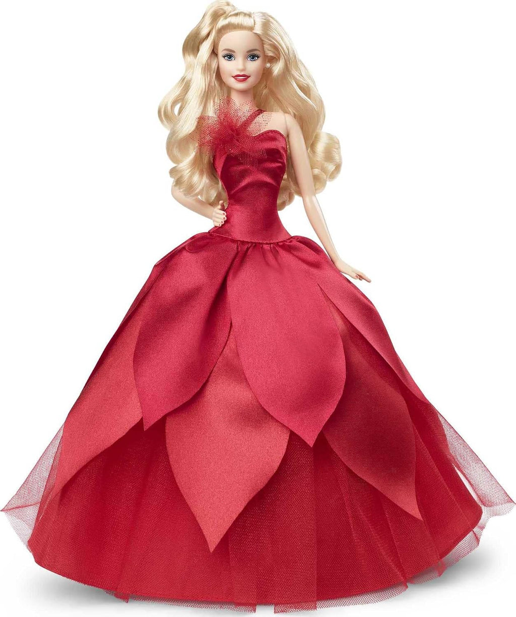 Muñeca Barbie Signature 2022 de festividades, cabello rubio ondulado con vestido rojo inspirado en la flor de Nochebuena, colección coleccionable con soporte para muñeca y certificado de autenticidad