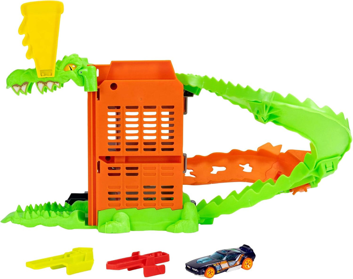 ​Hot Wheels Croc Pizza Attack Playset y auto de juguete a escala 1:64