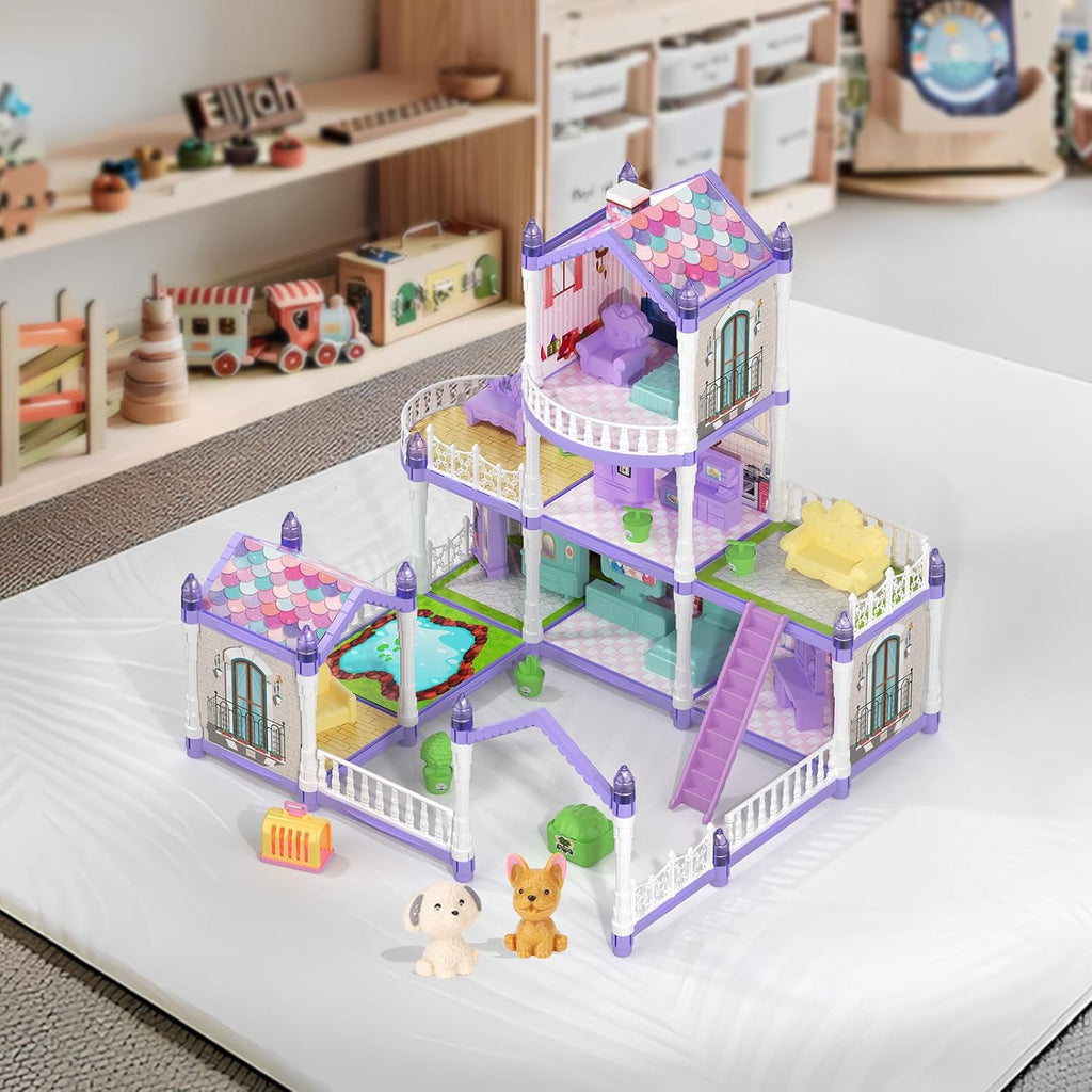 Lámpara Casa de muñecas para niñas, casa de muñecas de ensueño, 9 habitaciones con 2 muñecas, casas de muñecas de princesa, animales, muebles y accesorios, casa de juegos para niñas de más de 3 años