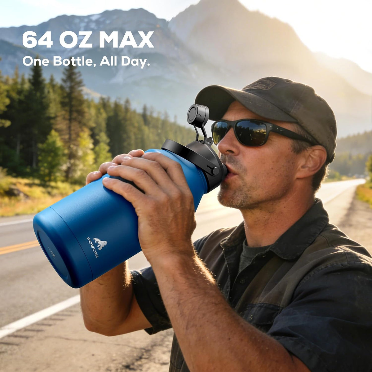 POWCAN Botella de agua aislada de 64 oz para deportes: tapa de popote y boquilla 2 en 1, a prueba de fugas, bolsa de transporte, correa para el hombro, mantiene el frío 48 horas, sin BPA, jarra de