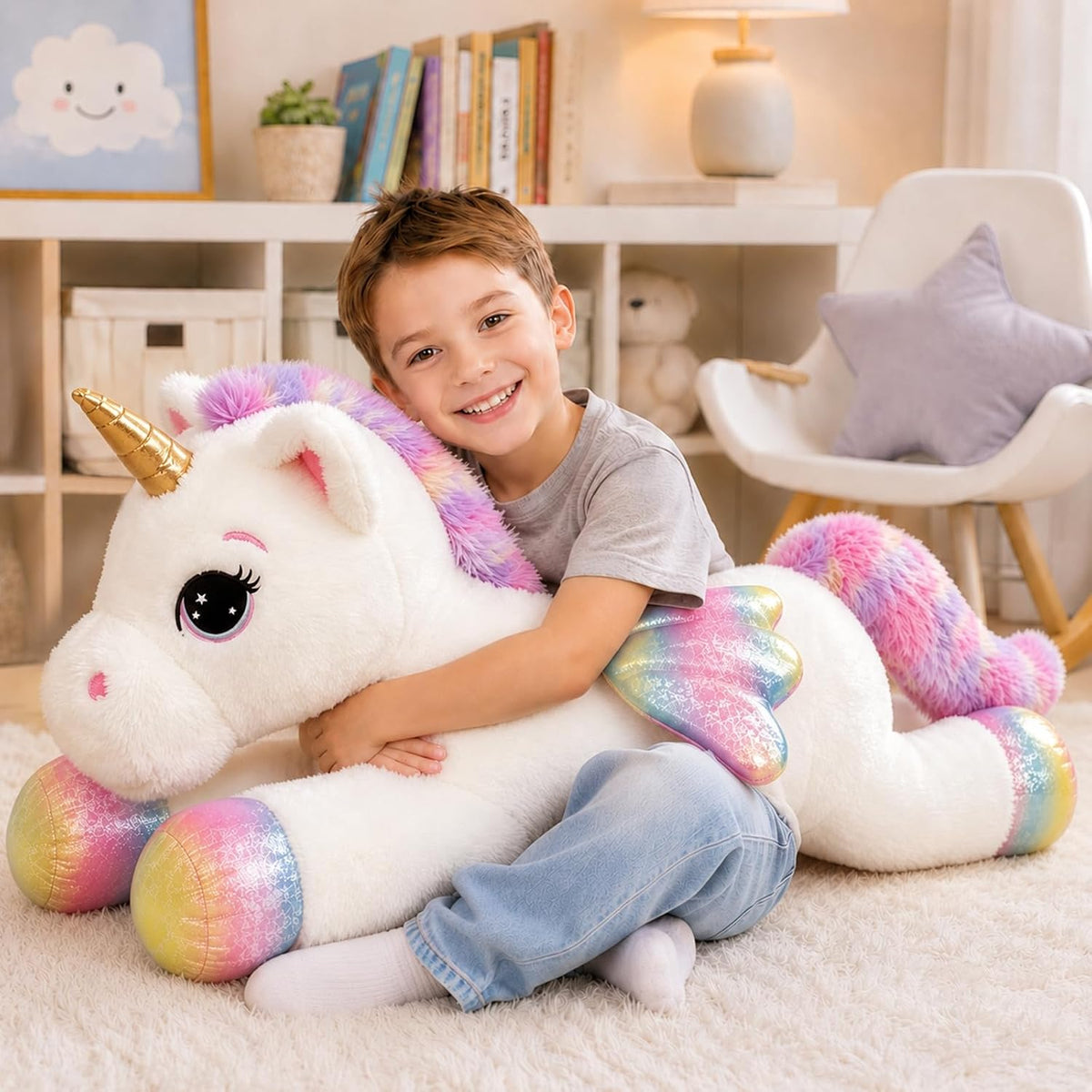 Almohada de peluche de unicornio de 32 pulgadas, suave juguete de peluche grande de unicornio con alas de arcoíris, bonita almohada para abrazar para niños, niñas y adultos, almohada de felpa