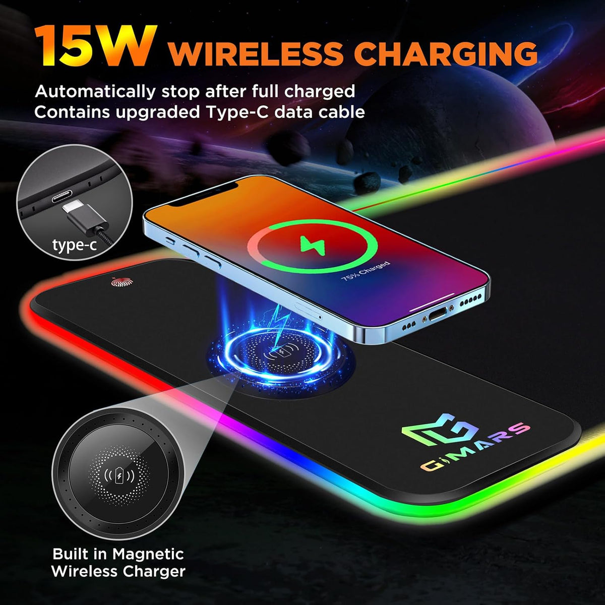 Alfombrilla de ratón RGB para juegos Gimars, alfombrilla de ratón con carga inalámbrica de 15W y 10 modos de luz, alfombrilla de ratón grande con superficie premium y lisa, alfombrilla de ratón
