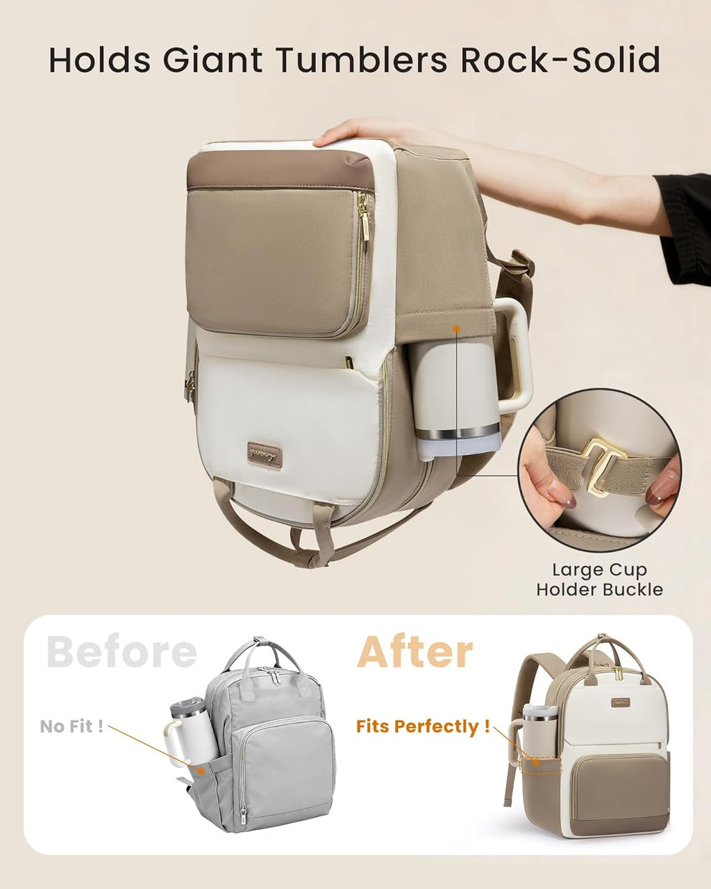 LOVEVOOK - Mochila para laptop para mujer con bolsillo gigante, Caqui beige, 15,6 pulgadas