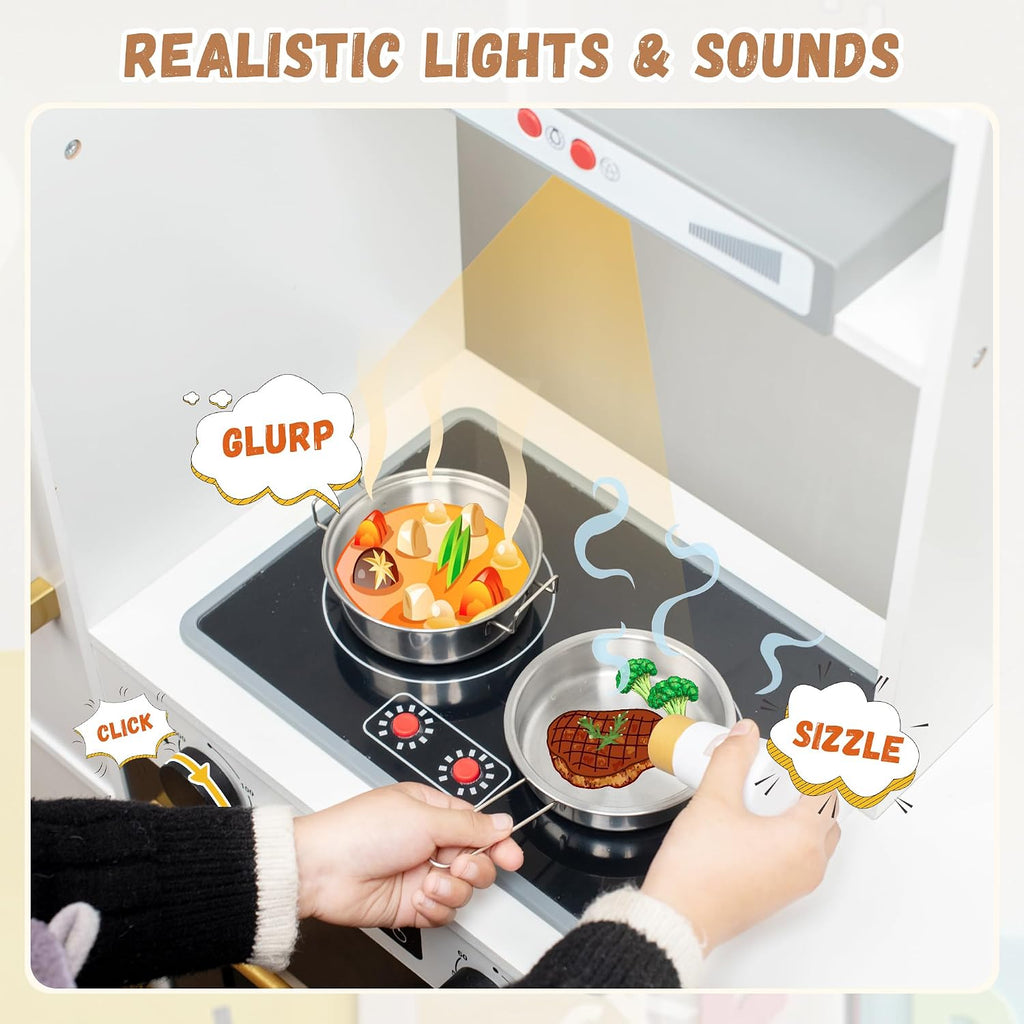Juguete de Cocina de Juego de Madera Interactivo para Niños – Luces y Sonidos Realistas, Diseño de Esquina con 8 Accesorios, Regalo para Niñas y Niños de 3+ Años