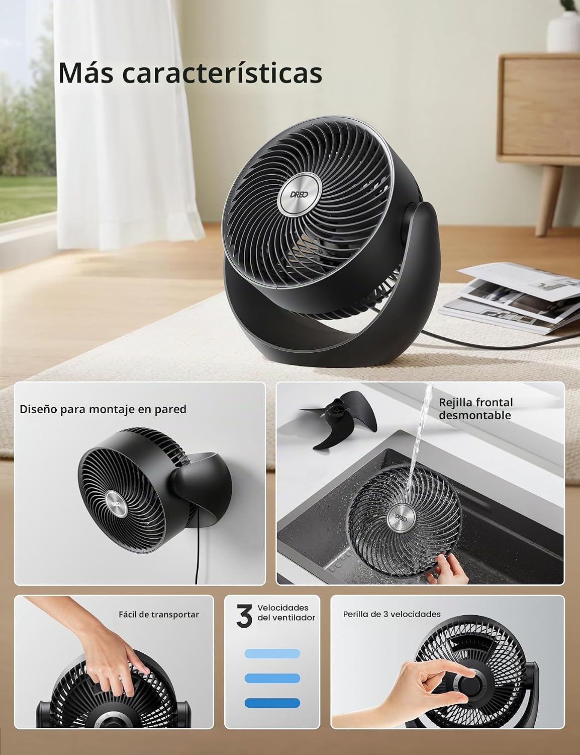 Dreo - Ventilador para dormitorio, circulador de aire de mesa para...