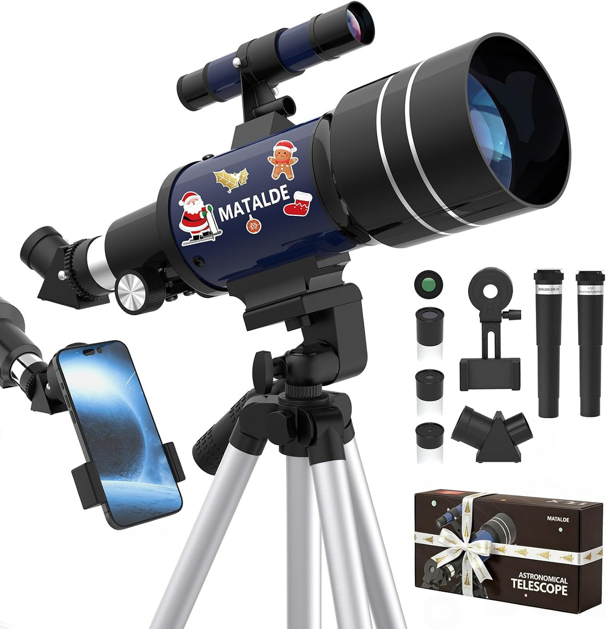 Telescopio para niños y principiantes, 2.756 in de apertura (15X-150X) AZ Mount Telescopios para astronomía, telescopio refractor portátil con trípode, adaptador de teléfono