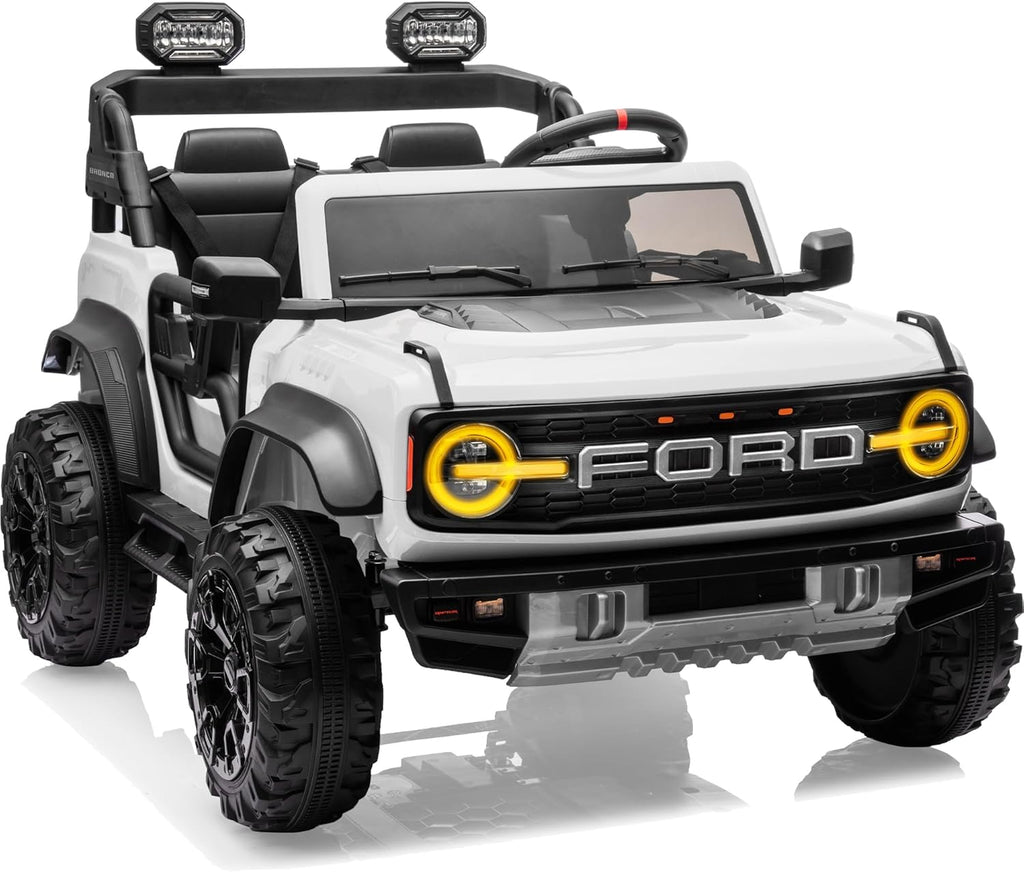 First Ride On - Coche de juguete con licencia Ford Bronco Raptor de 24 V y 2 plazas para niños, coche eléctrico con batería, control remoto con luces LED, música, alta y baja velocidad (24 V, blanco)