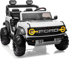 First Ride On - Coche de juguete con licencia Ford Bronco Raptor de 24 V y 2 plazas para niños, coche eléctrico con batería, control remoto con luces LED, música, alta y baja velocidad (24 V, blanco)