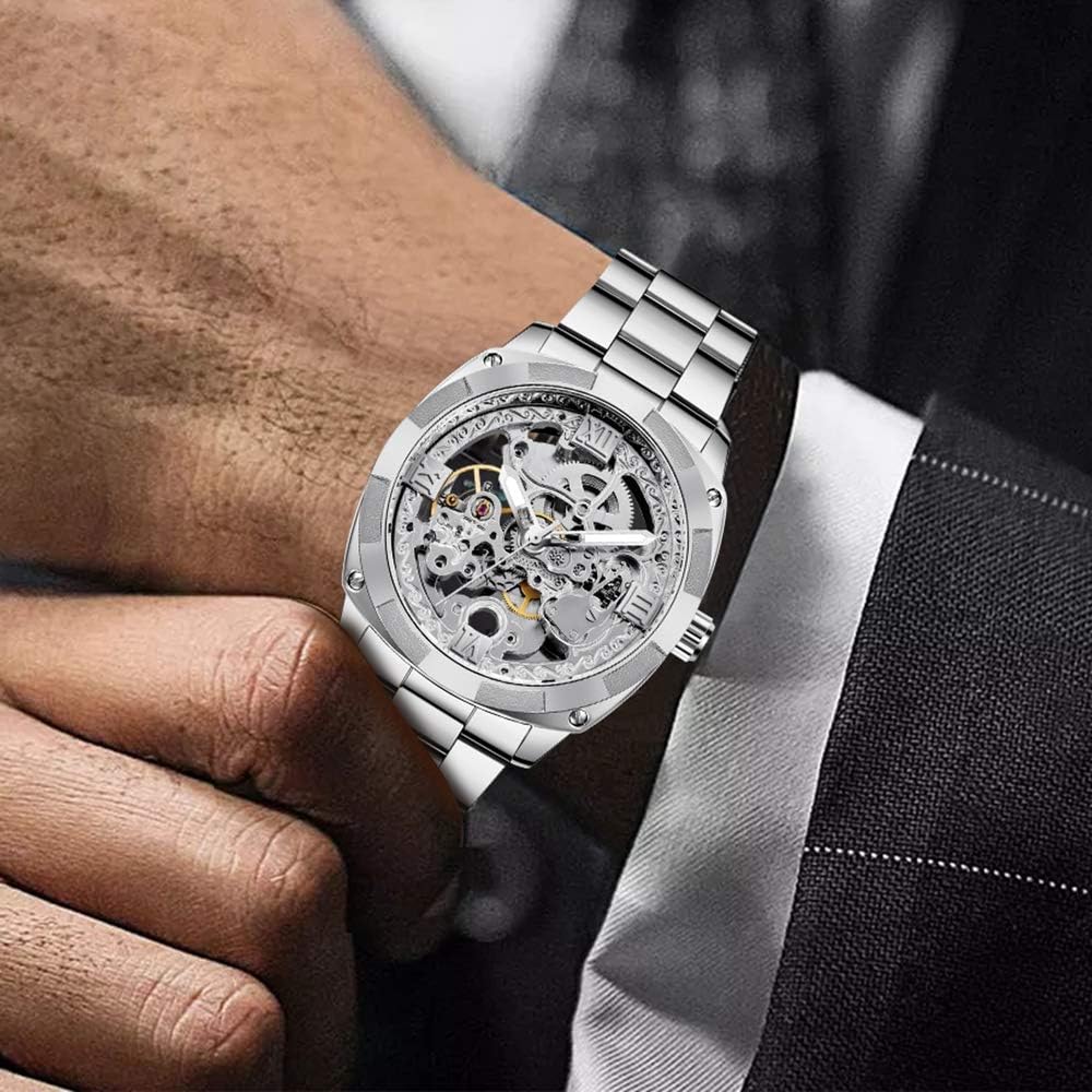 Tiong Reloj mecánico para hombre, de acero inoxidable, automático, con esqueleto, impermeable, para el día del padre, regalo