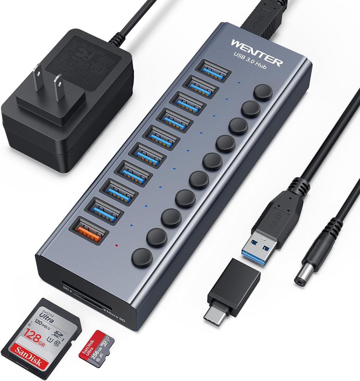 WENTER, hub USB 3.0 de 10 puertos, alimentado