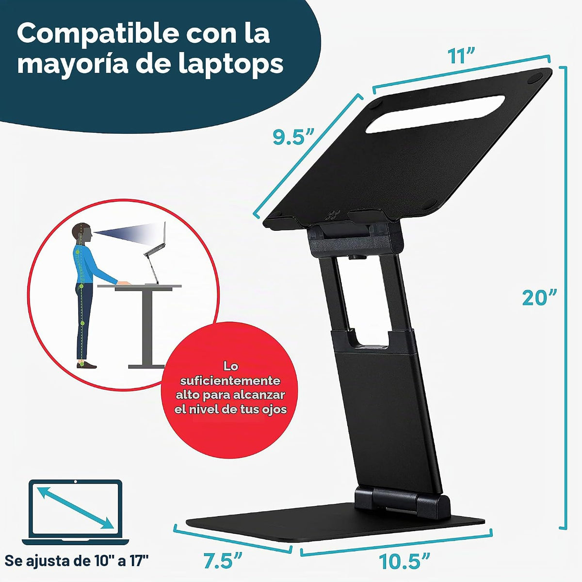 Lifelong Aluminum Adjustable Laptop Stand, Extra Tall 20" Riser, negro