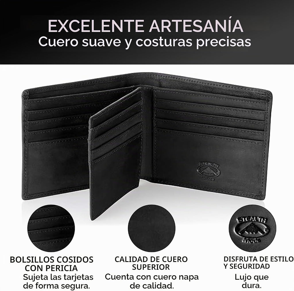 Cartera plegable de piel Stealth Mode para hombre con ventana de identificación y bloqueo RFID
