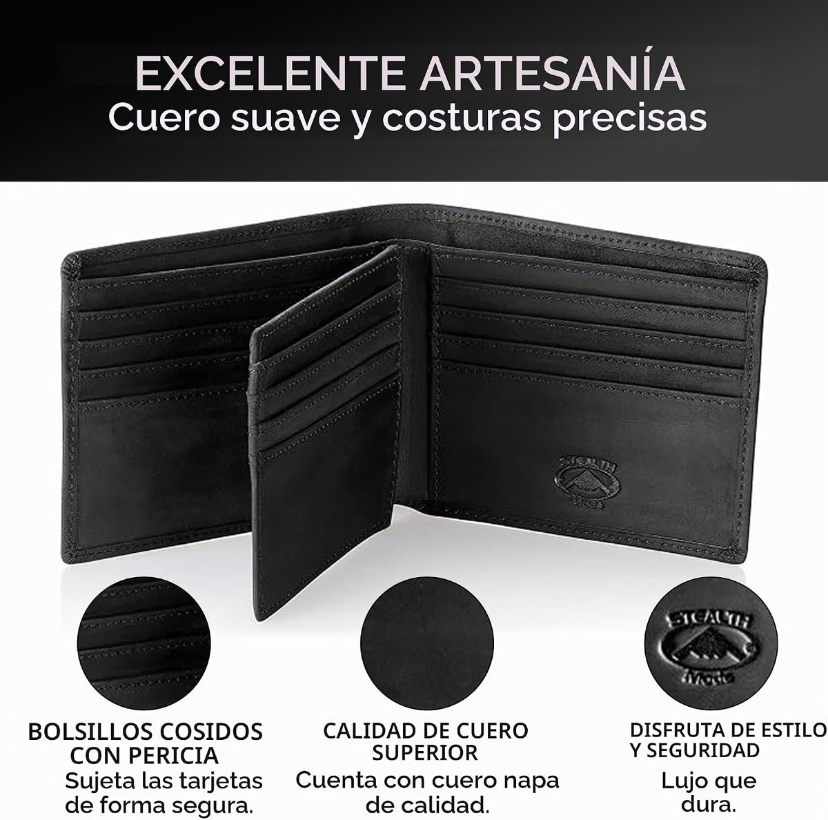 Cartera plegable de piel Stealth Mode para hombre con ventana de identificación y bloqueo RFID
