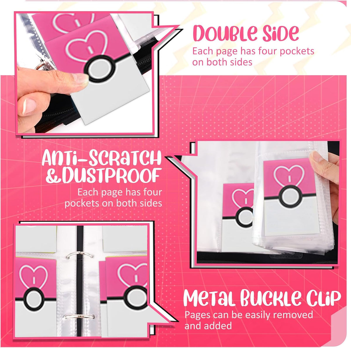 Carpeta de tarjetas de 4 bolsillos, soporte para tarjetas intercambiables para 400 tarjetas con 50 fundas extraíbles, tarjeta de colección portátil, estuche de tarjetas de juego con cremallera para regalo, color rosa