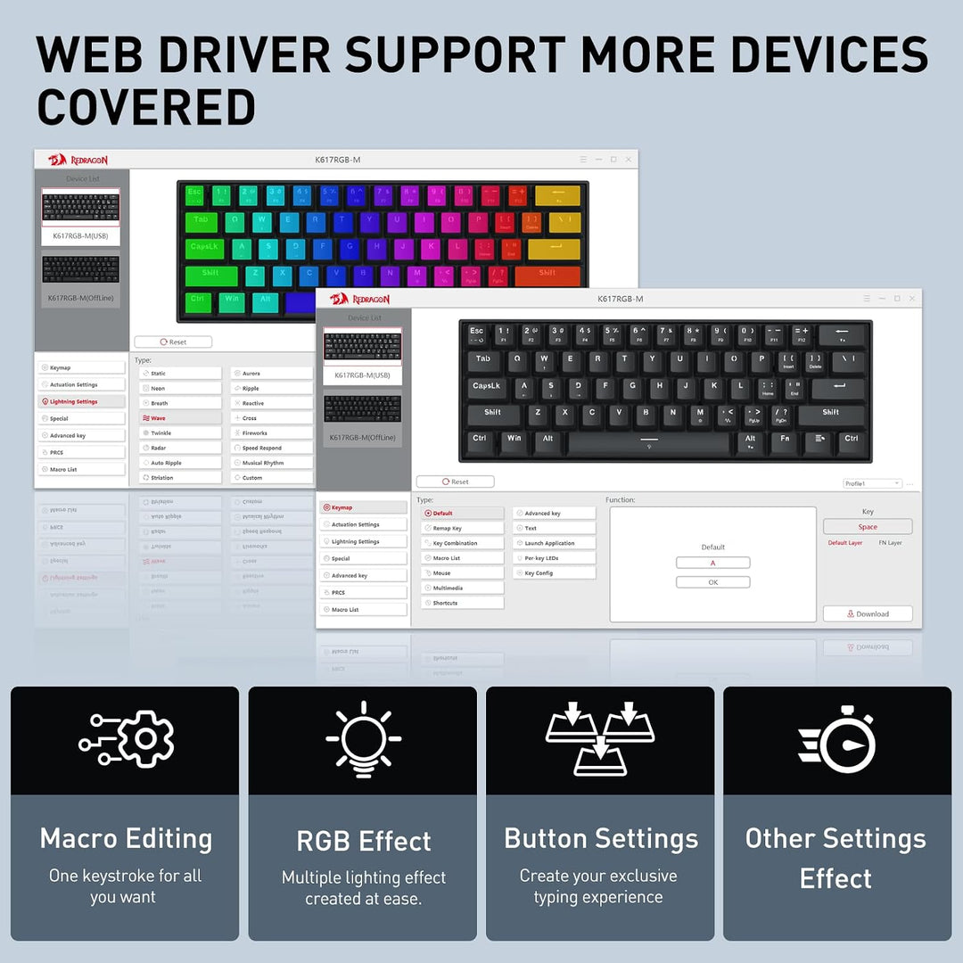 Redragon K617 HE - Teclado para juegos de disparo rápido, 60% 61 te...