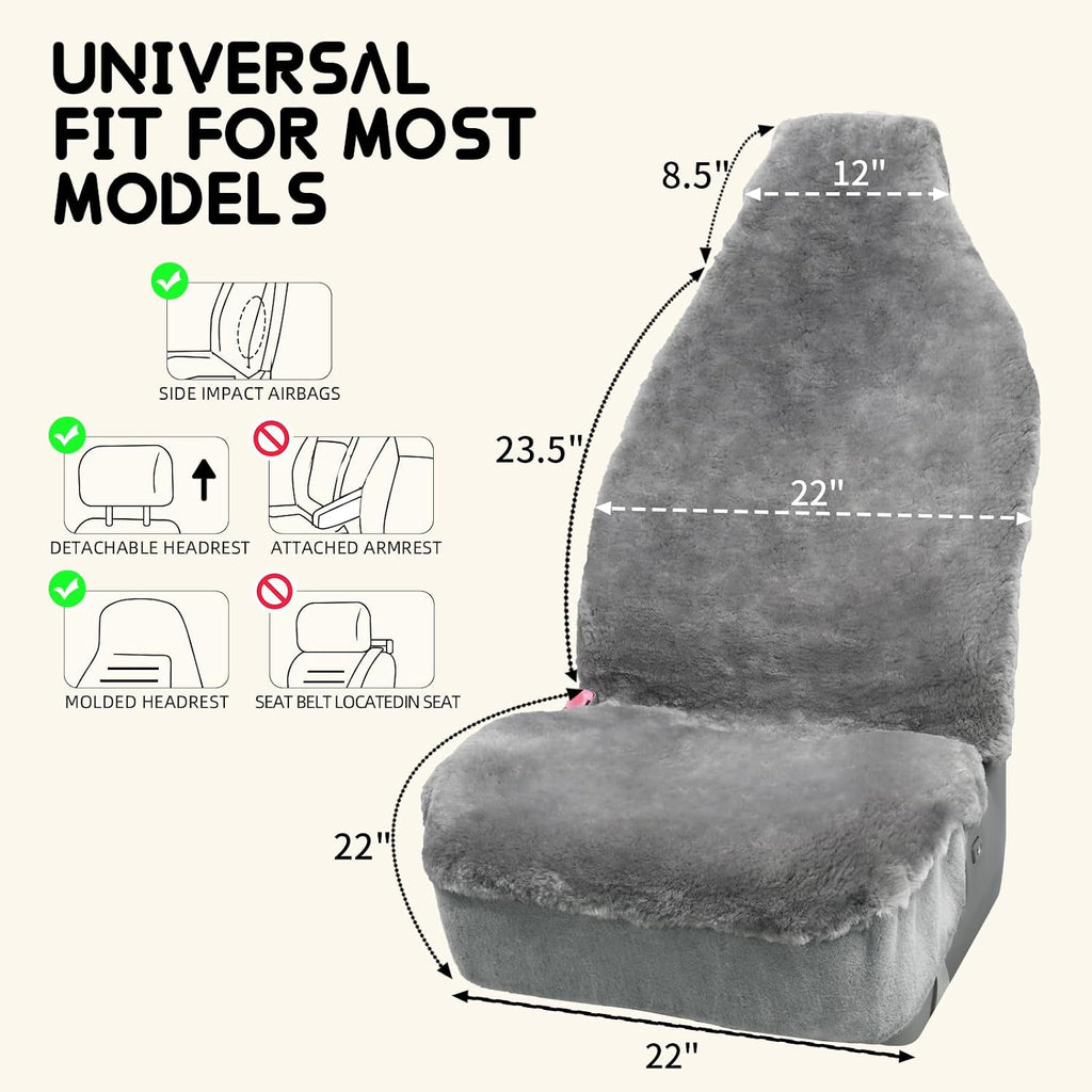Fundas de Asiento de Oveja de Aegis, Fundas de Asiento de Piel de Merino Genuino para Delantero de Coche, Pieles Densas de Lujo, Ajuste Universal para la Mayoría de Coches, SUV, Camiones, Sedán (Gris)