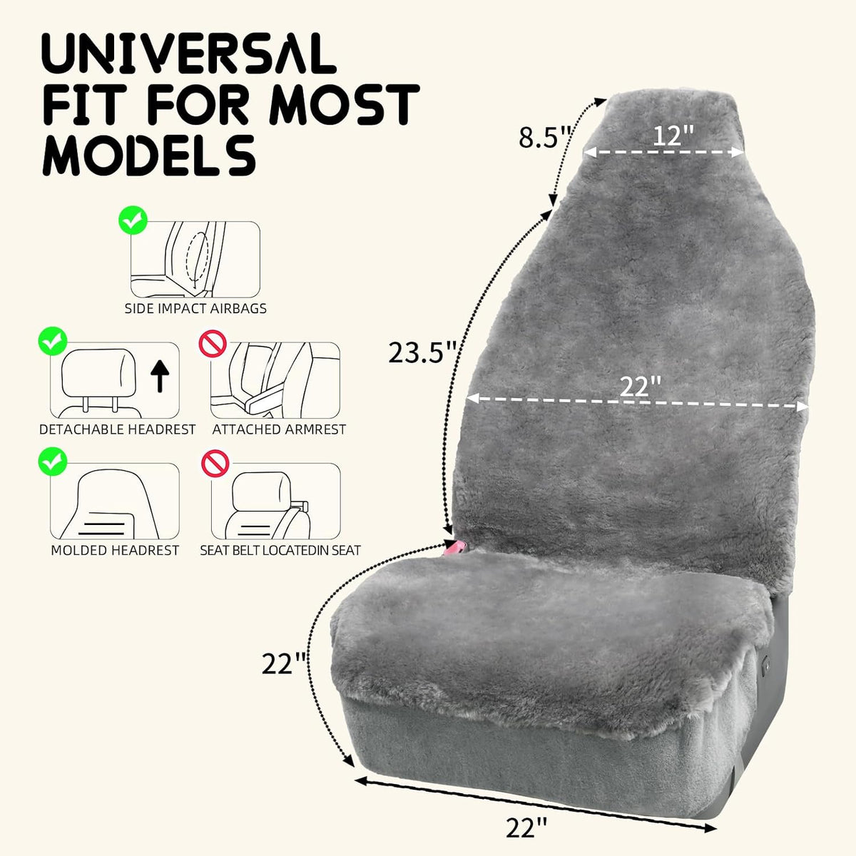 Fundas de Asiento de Oveja de Aegis, Fundas de Asiento de Piel de Merino Genuino para Delantero de Coche, Pieles Densas de Lujo, Ajuste Universal para la Mayoría de Coches, SUV, Camiones, Sedán (Gris)