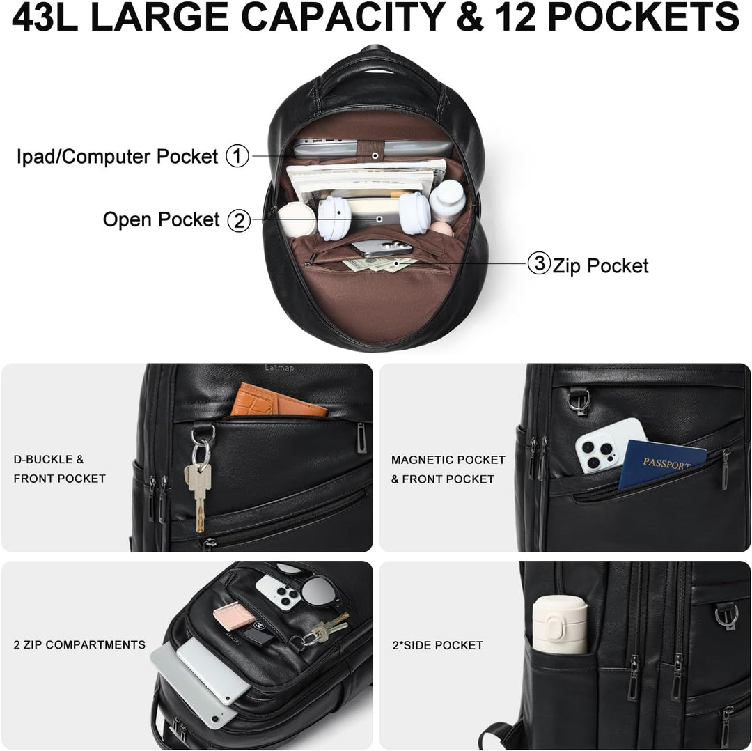 LATMAP Mochila de 43L para mujer: mochila de cuero vegano para lapt...
