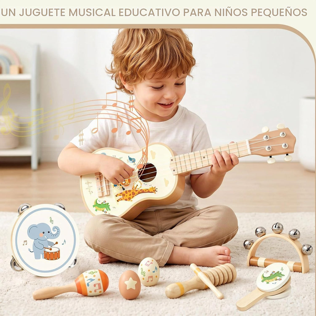 Juego de guitarra infantil de madera para niños y niñas de 2 a 4 años, instrumentos musicales Montessori 9 en 1 con ukelele/pandereta/maraca/agitadores de huevos