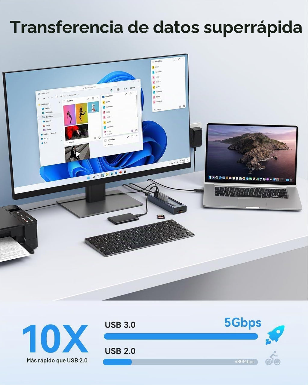 WENTER, hub USB 3.0 de 10 puertos, alimentado, adaptador 12V/3A