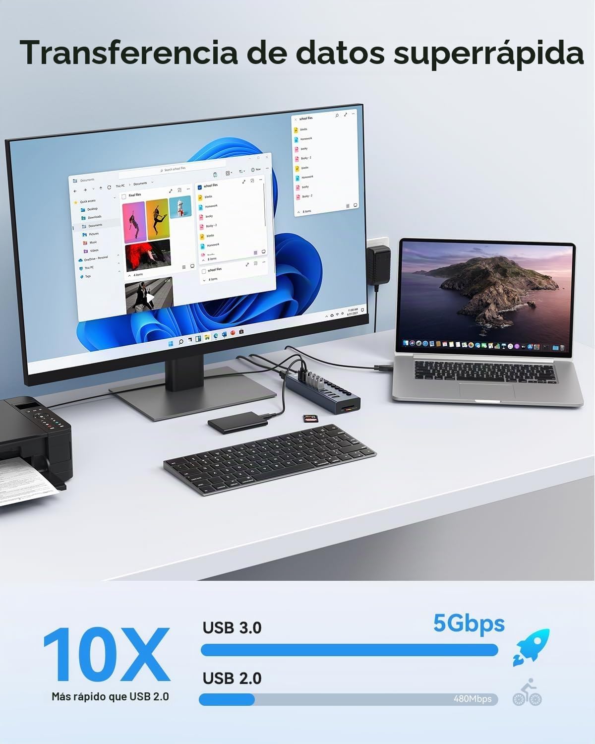 WENTER, hub USB 3.0 de 10 puertos, alimentado, adaptador 12V/3A