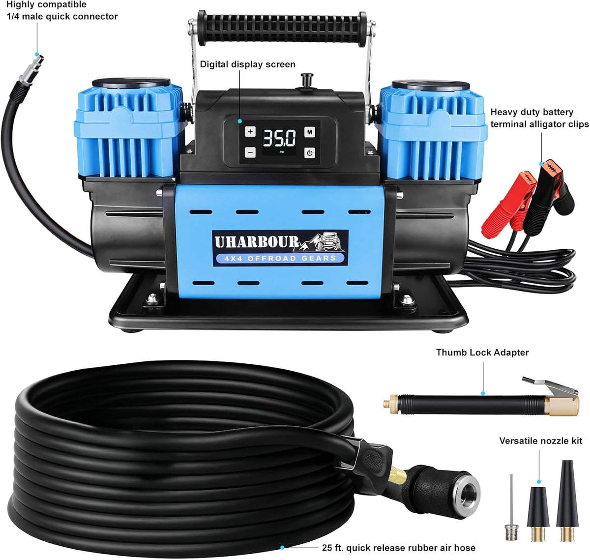Uharbour Compresor de aire todoterreno de 12 V, compresor dual de p...