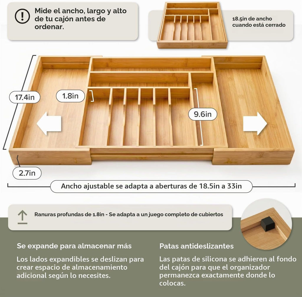 Organizador de cajones de cubiertos y utensilios, 18.5-33 pulgadas, bambú