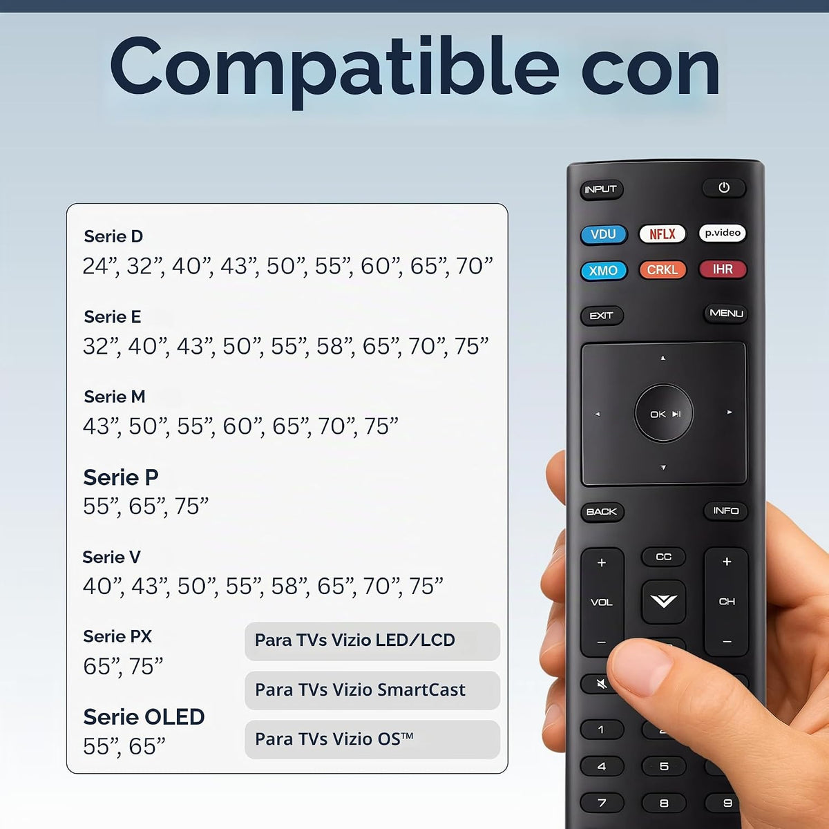 XRT136 - Control remoto de repuesto para televisores Vizio SmartCast, fácil configuración, infrarrojos, teclas de acceso directo, control remoto universal, compatible con D, E, M, P