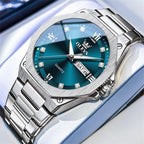 OLEVS Reloj de cuarzo octogonal de acero inoxidable para hombre, resistente al agua, para negocios, casual, de vestir, reloj de pulsera de lujo con diamantes luminosos para el día y fecha, regalo para