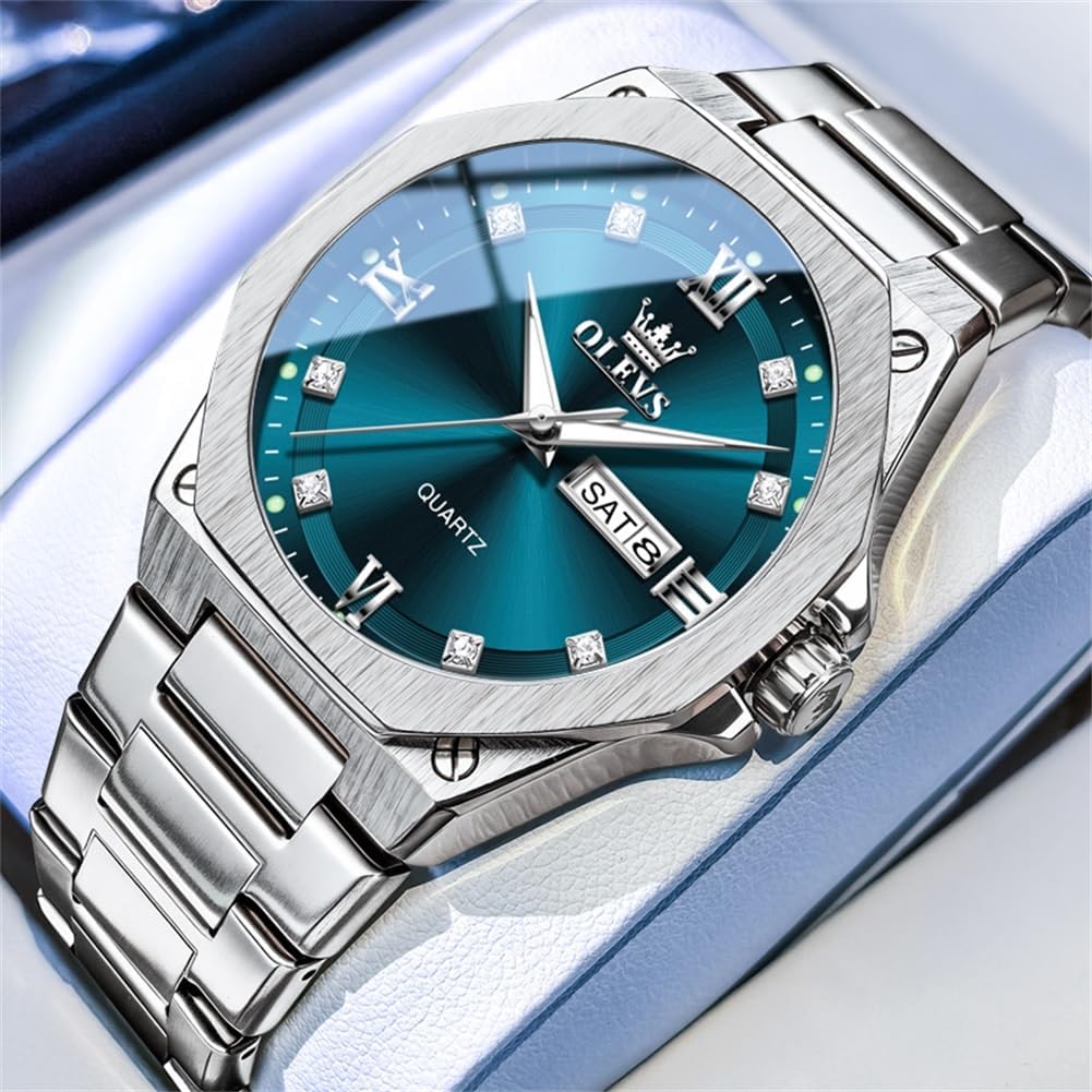 OLEVS Reloj de cuarzo octogonal de acero inoxidable para hombre, resistente al agua, para negocios, casual, de vestir, reloj de pulsera de lujo con diamantes luminosos para el día y fecha, regalo para