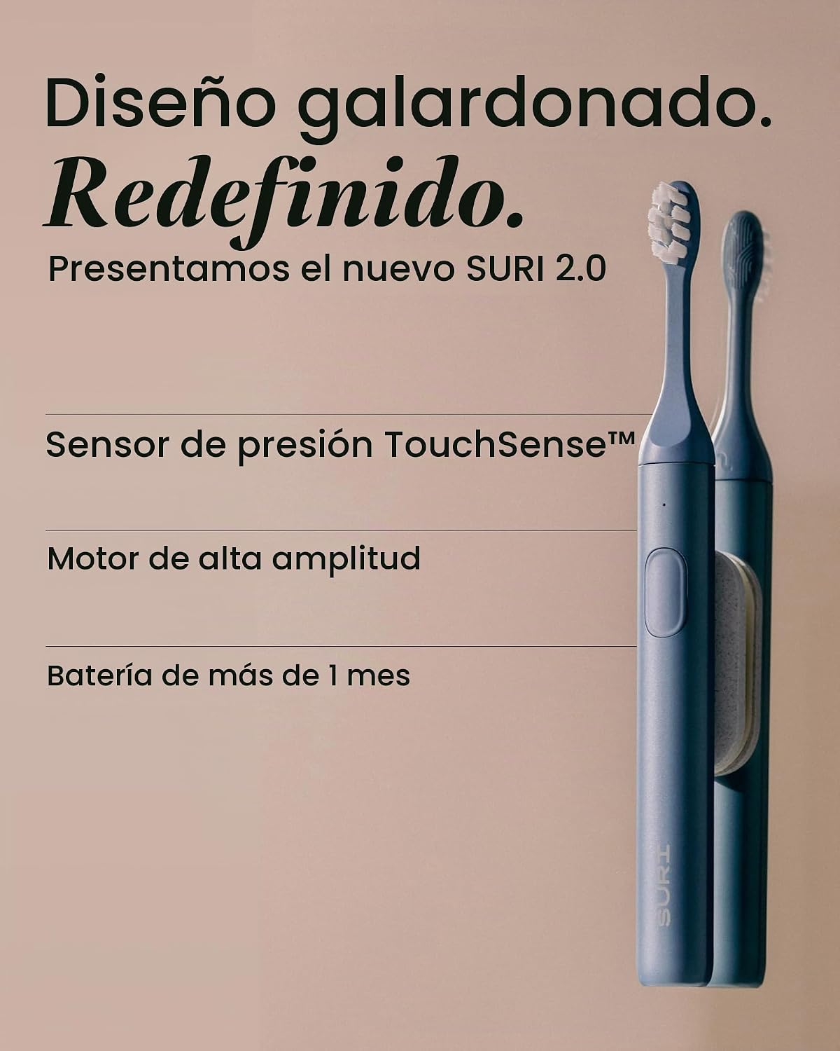 SURI Cepillo de dientes eléctrico Pro Sonic | Batería para más de 4 semanas | Sensor de presión | Cuerpo de aluminio | Temporizador de 2 minutos | Cabeza a base de plantas | Azul
