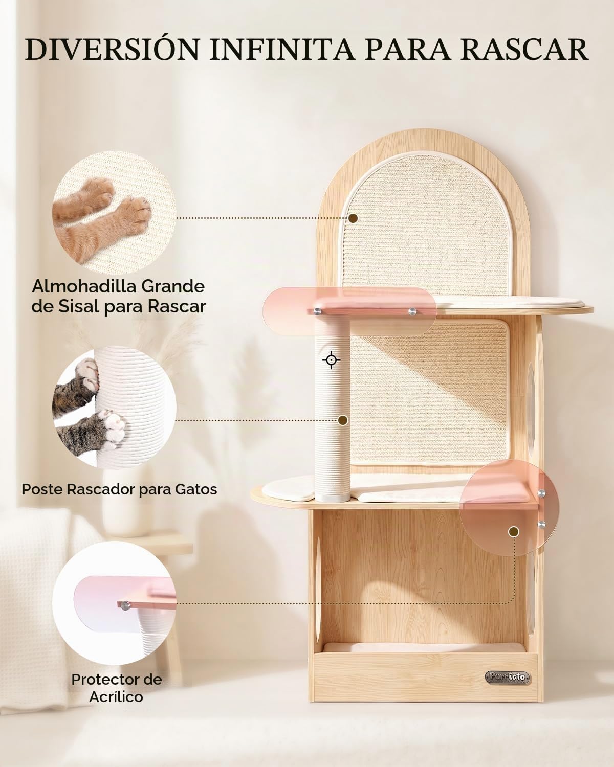 Árbol para Gatos de 47", Torre Moderna para Gatos Grandes, Respaldo de Sisal