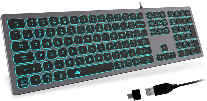 POWZAN Teclado de Aluminio Silencioso con Cable Retroiluminado - Te...
